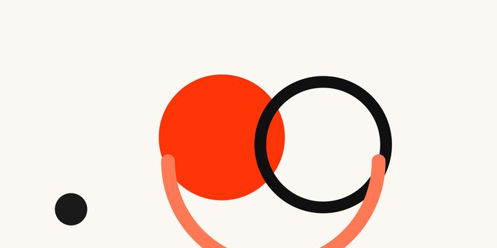 Flat geometric editorial illustration of a delivery bag and bowl with a cashback coin